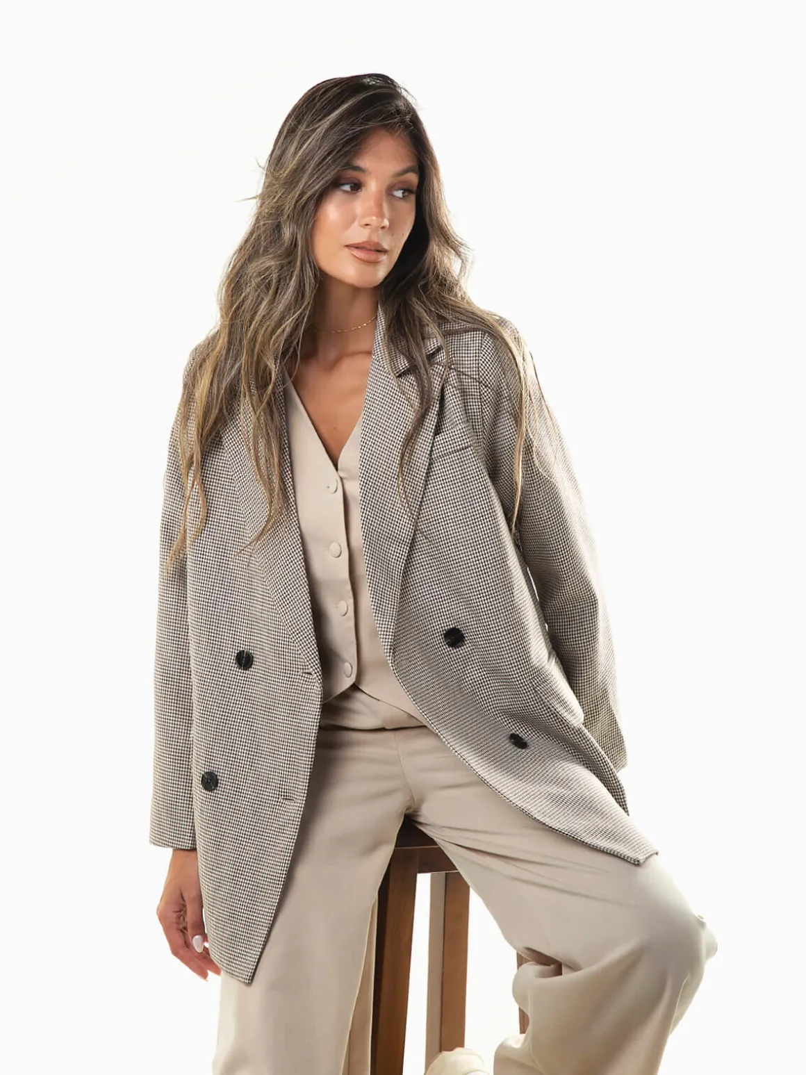 Blazer comprido bege pied-de-poule