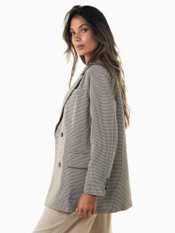 Blazer comprido bege pied-de-poule