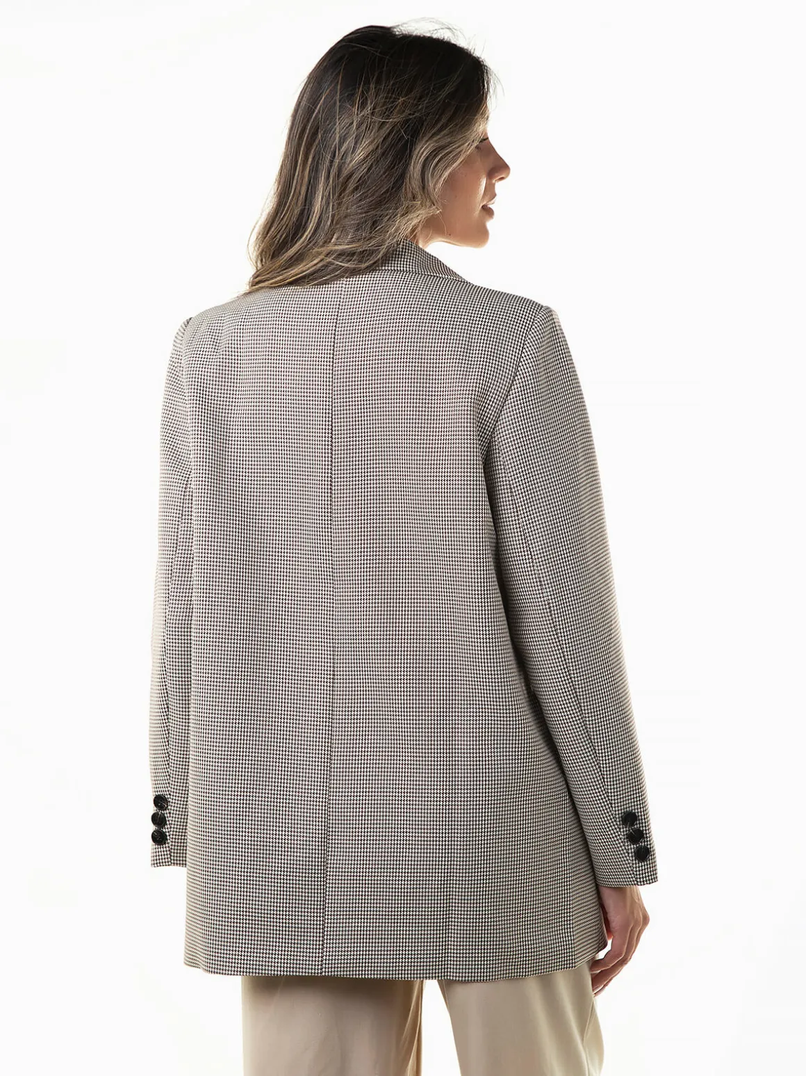 Blazer comprido bege pied-de-poule