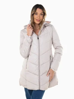 Blusão comprido acolchoado capuz removível