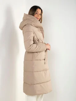 Blusão comprido acolchoado com cinto e capuz