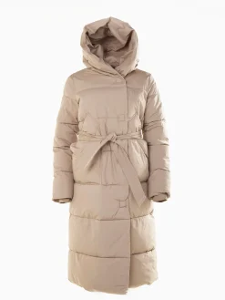 Blusão comprido acolchoado com cinto e capuz