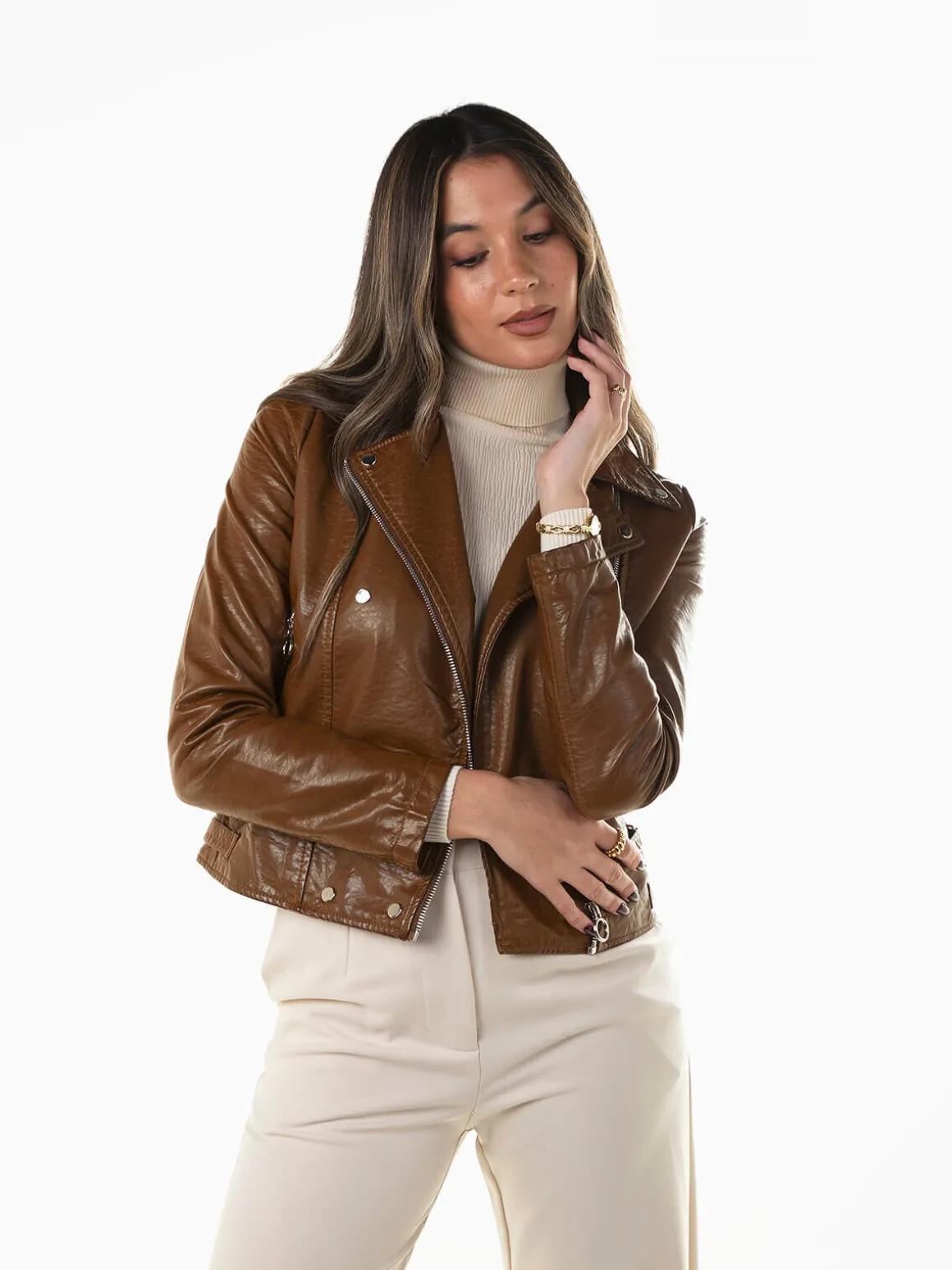 Blusão motard camel com fivelas