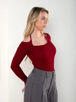 Body bordeaux algodão manga comprida