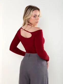 Body bordeaux algodão manga comprida