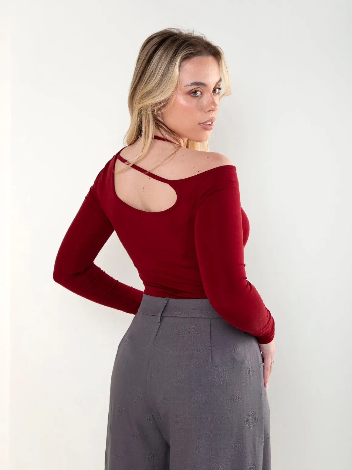 Body bordeaux algodão manga comprida
