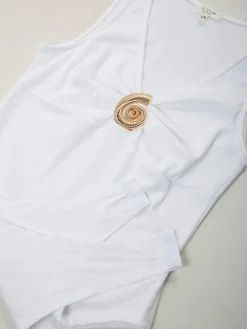 Body elegante em V com detalhe dourado