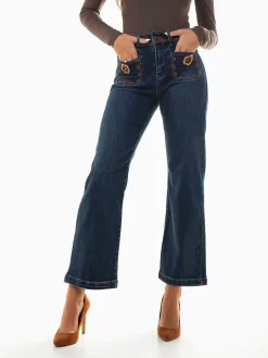 Calças ganga straight fit bolsos com crochet