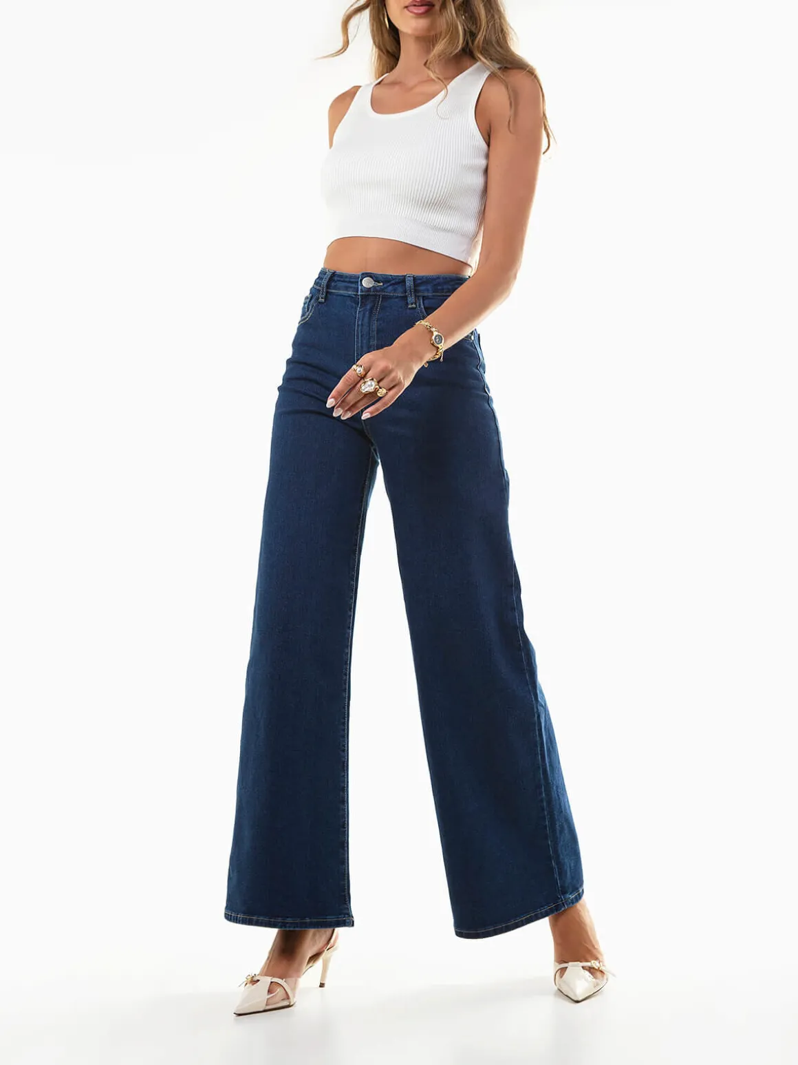 Calças ganga wide leg azul escuro