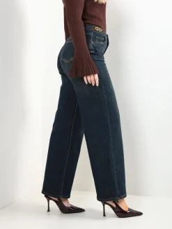 Calças ganga wide leg corrente dourada