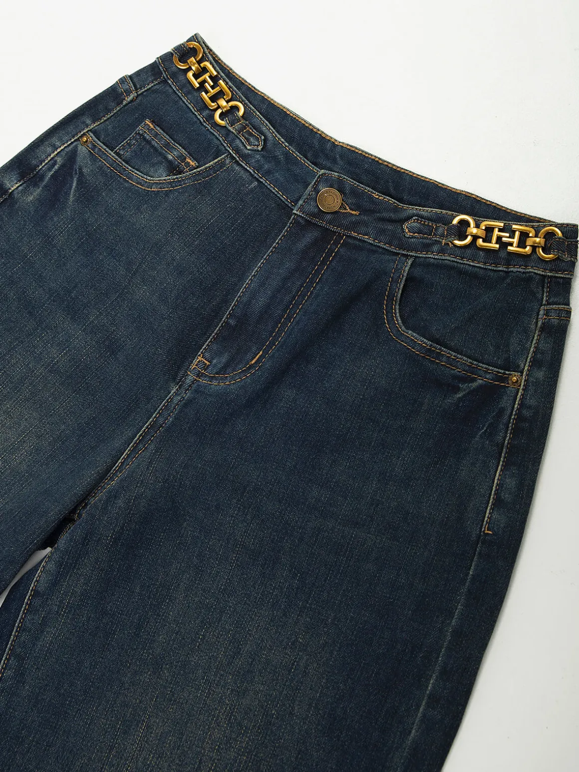 Calças ganga wide leg corrente dourada