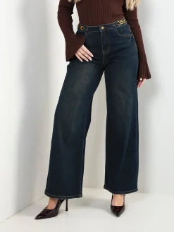 Calças ganga wide leg corrente dourada