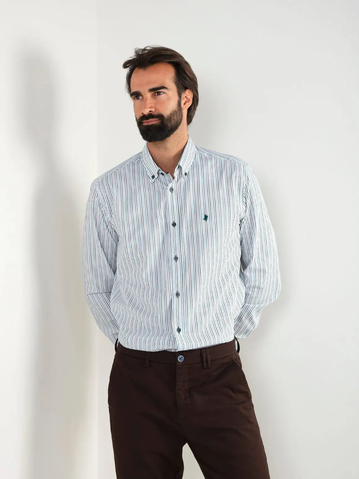 Camisa branca clássica riscas verdes