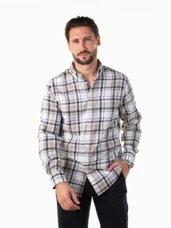 Camisa flanela bege com xadrez azul marinho