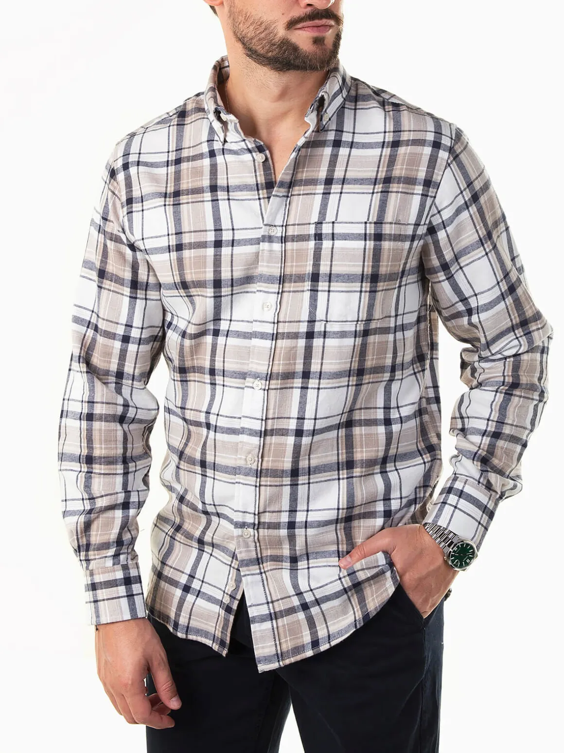 Camisa flanela bege com xadrez azul marinho