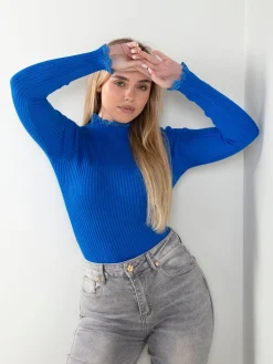 Camisola de malha canelada com renda