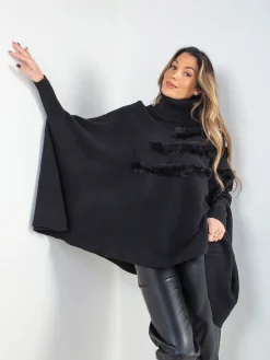 Camisola larga preta de malha com pelo