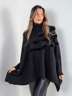 Camisola larga preta de malha com pelo