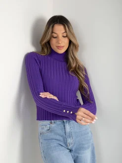 Camisola malha canelada com gola alta