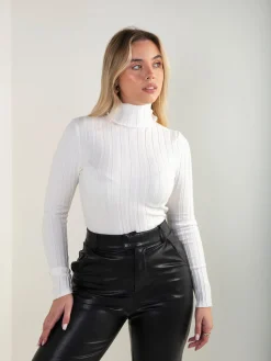 Camisola malha canelada gola alta dobrada