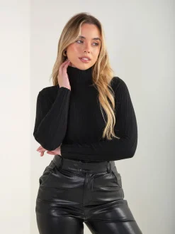 Camisola malha canelada gola alta dobrada