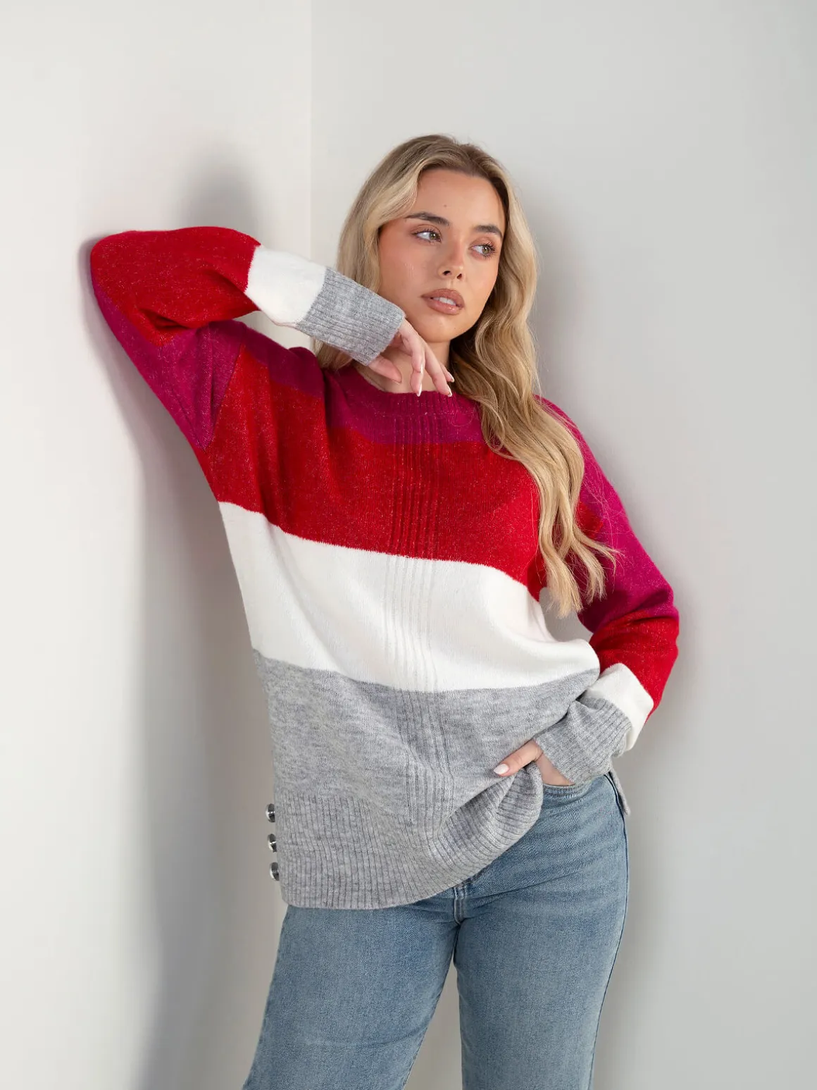 Camisola malha color block com botões