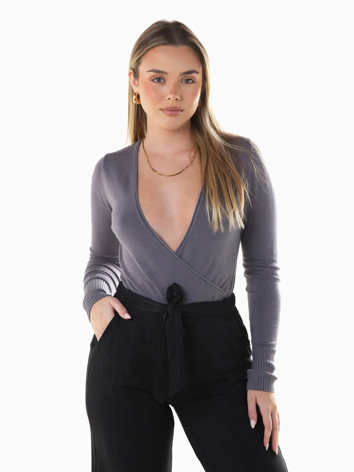 Camisola malha com decote cruzado