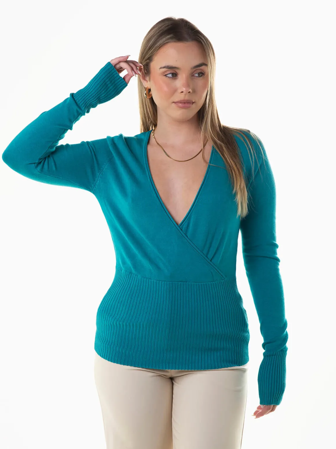 Camisola malha com decote cruzado