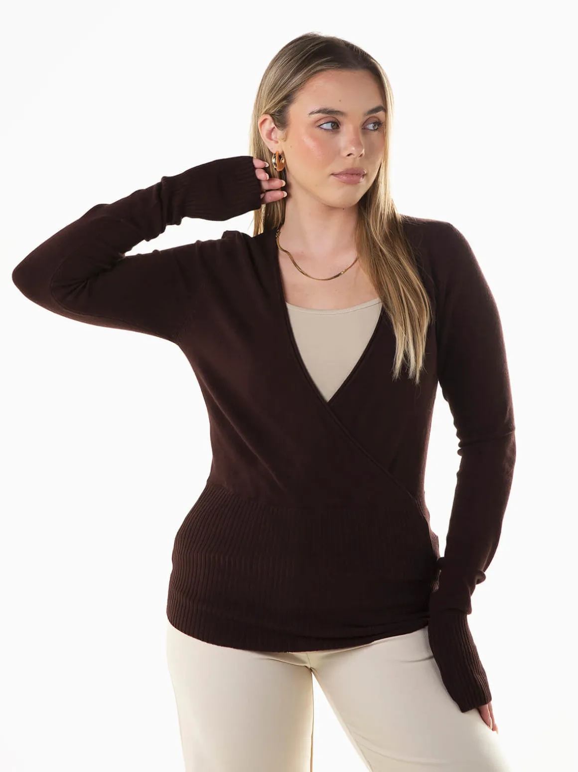 Camisola malha com decote cruzado