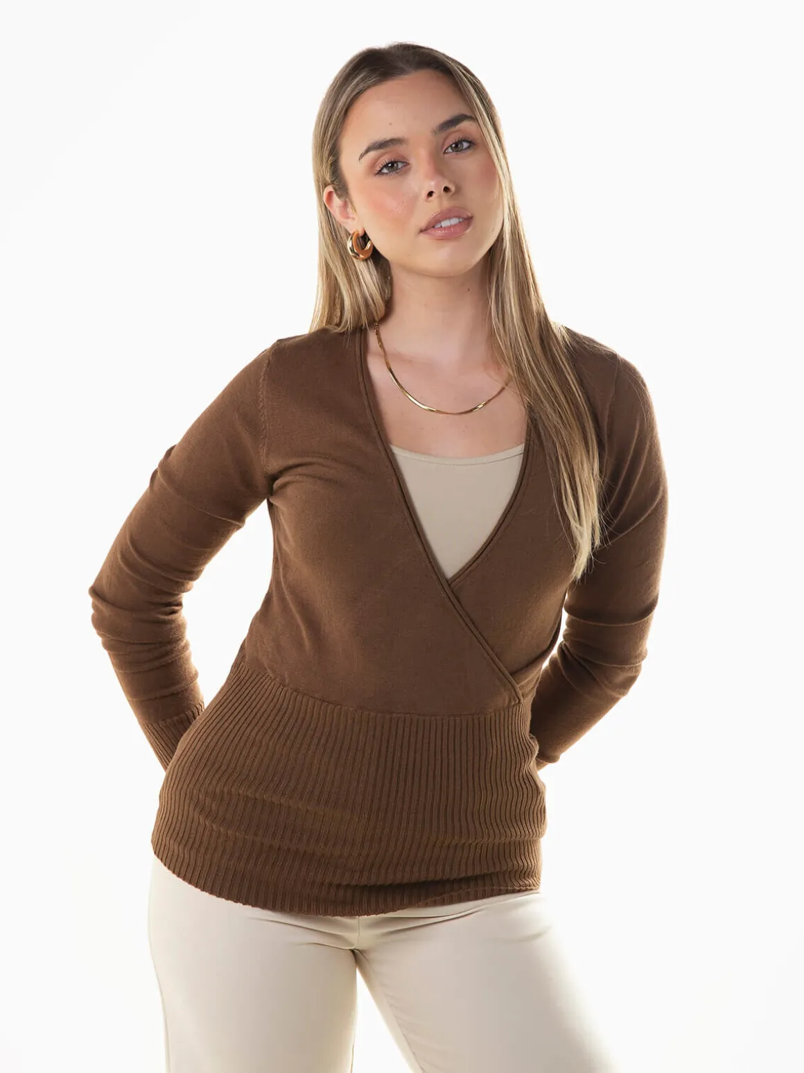 Camisola malha com decote cruzado