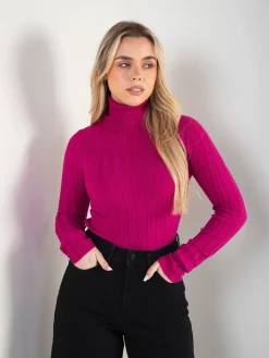 Camisola malha fina canelada gola alta