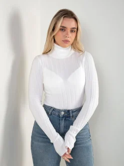 Camisola malha fina canelada gola alta