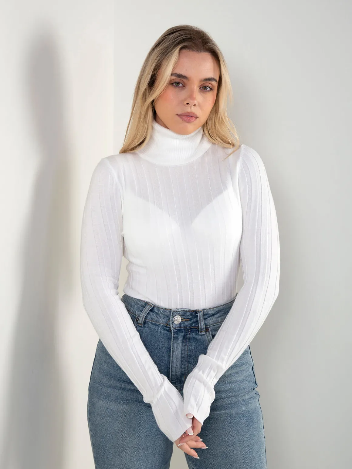 Camisola malha fina canelada gola alta