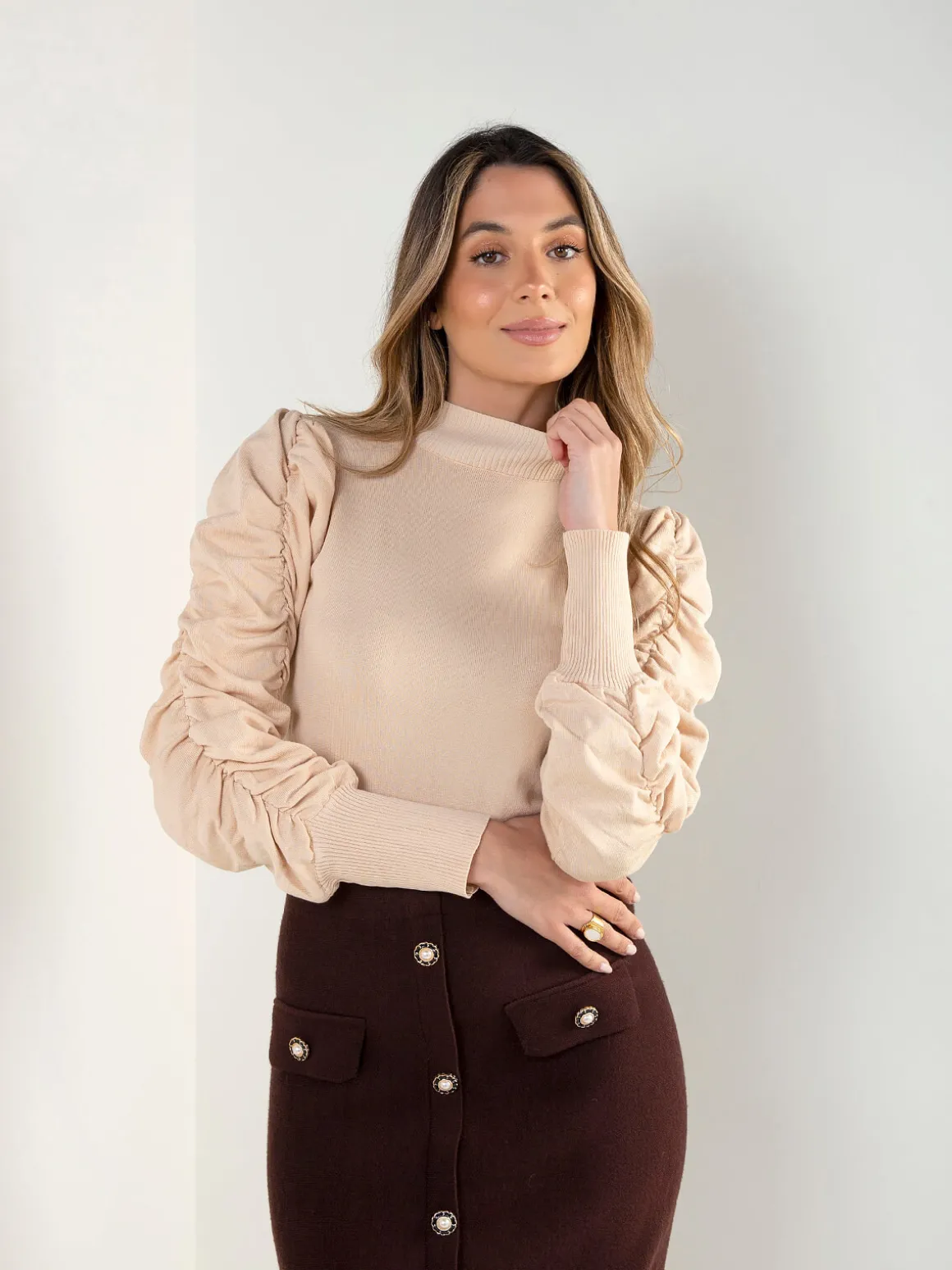 Camisola malha manga franzida