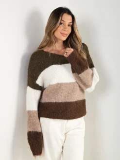 Camisola malha oversized color block em V