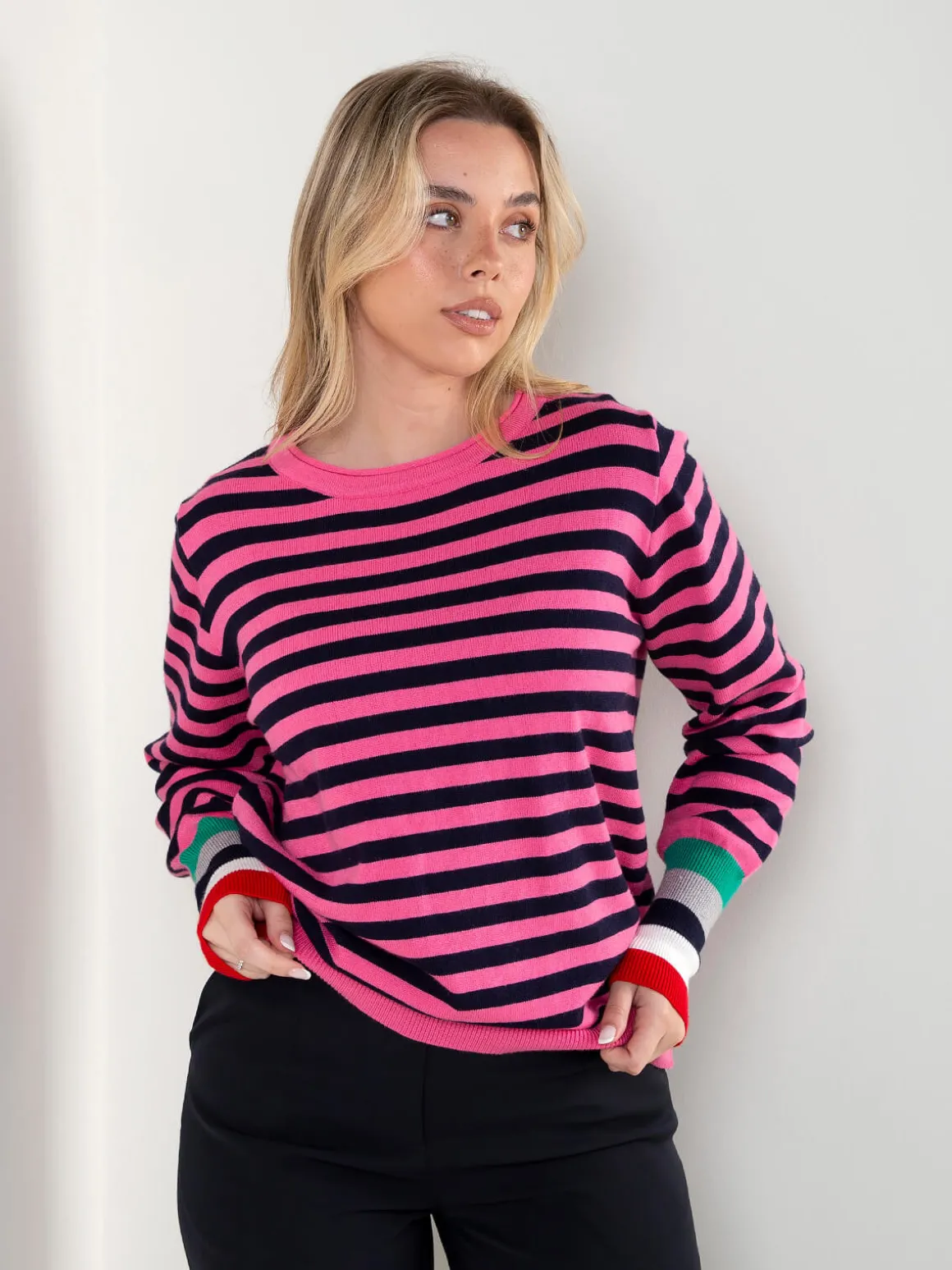 Camisola malha riscas punhos contrastantes