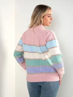 Camisola malha às riscas com gola perkins