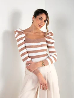 Camisola malha às riscas manga abalonada
