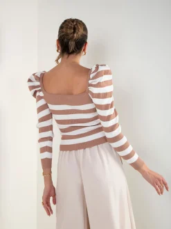 Camisola malha às riscas manga abalonada