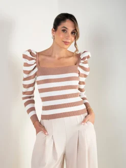 Camisola malha às riscas manga abalonada