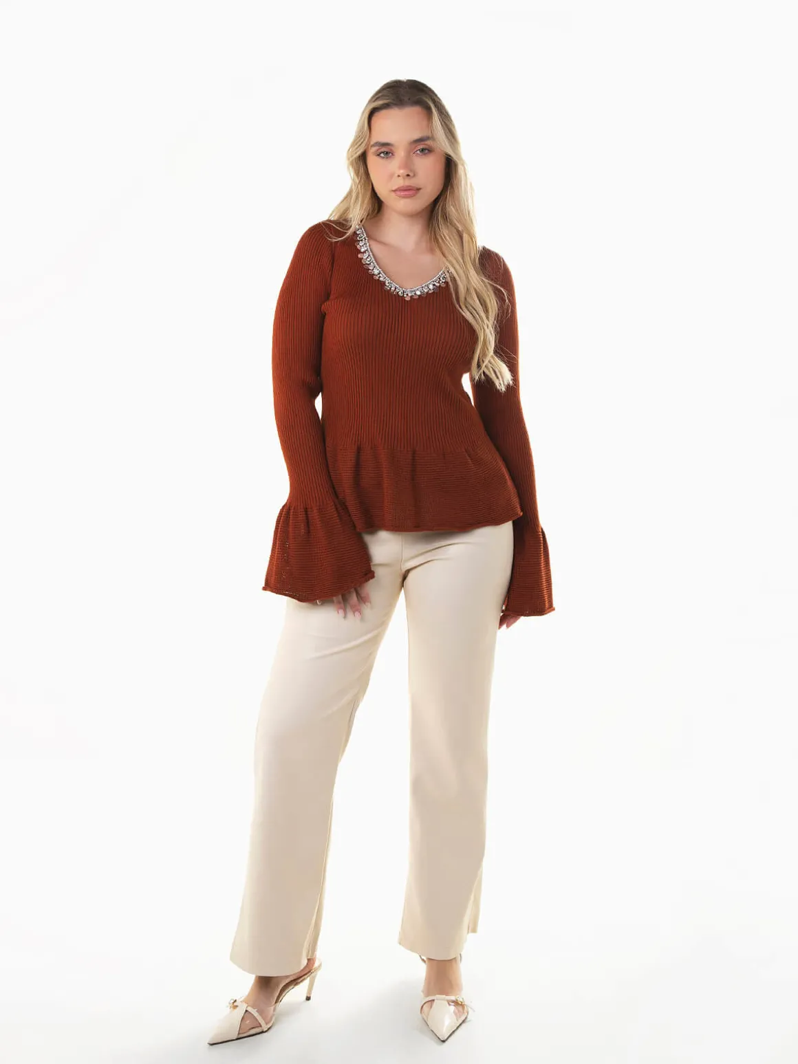 Camisola peplum malha canelada