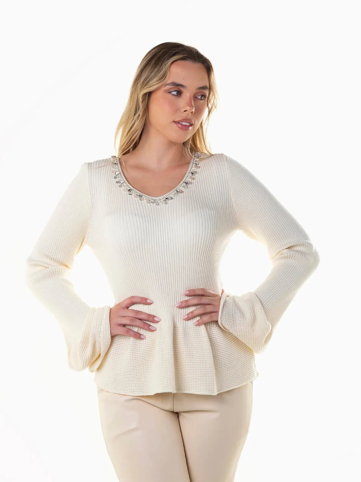 Camisola peplum malha canelada