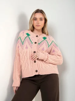 Cardigan malha rosa padrão geométrico