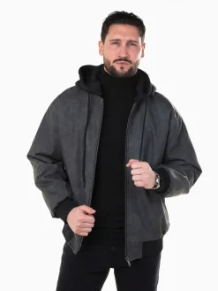 Casaco bomber efeito pele com capuz