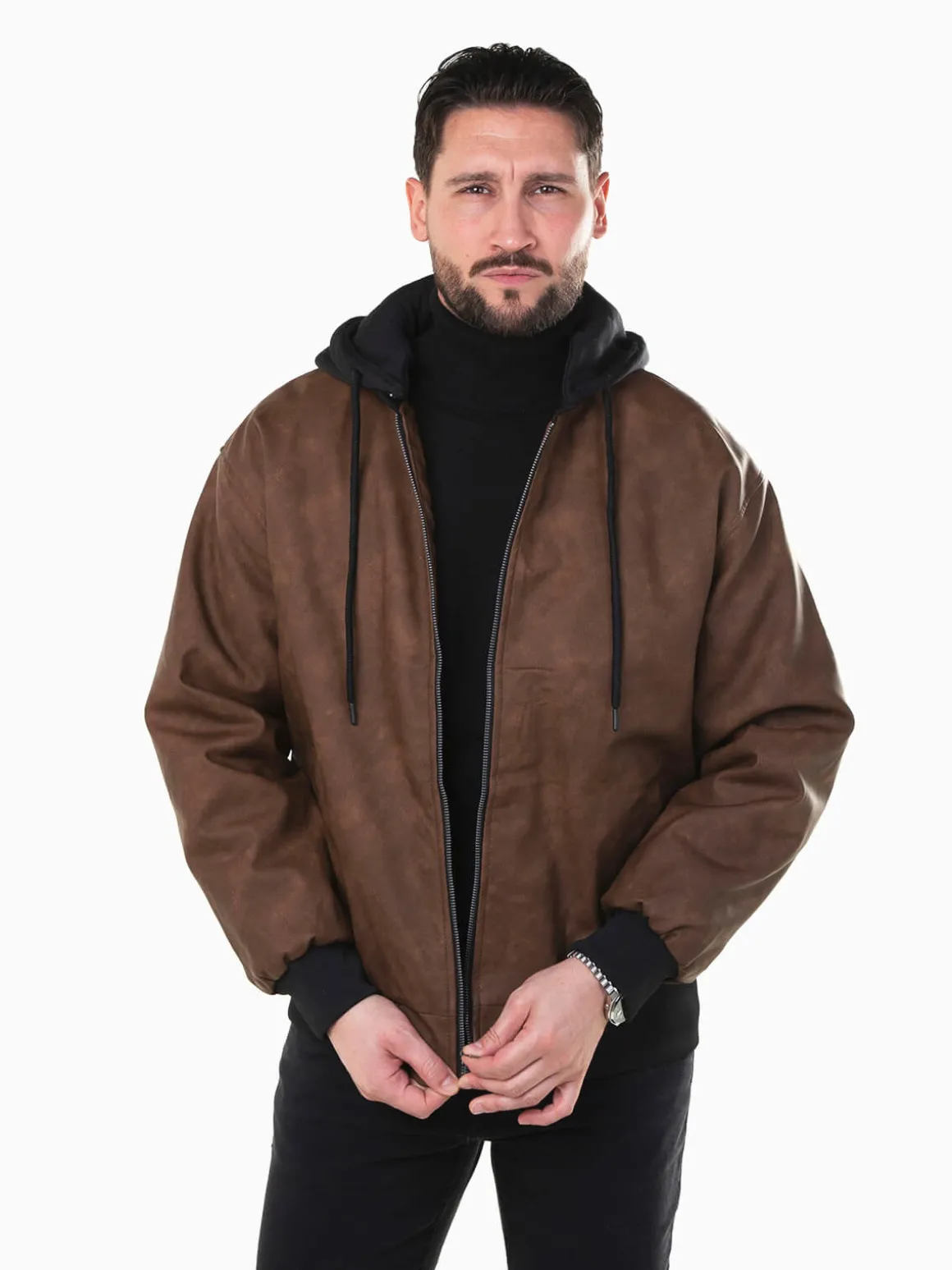 Casaco bomber efeito pele com capuz