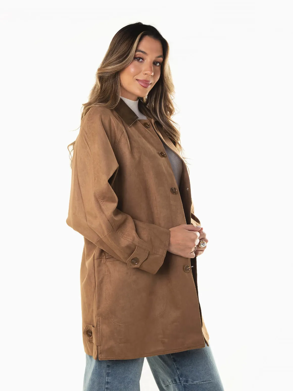 Casaco comprido efeito camurça