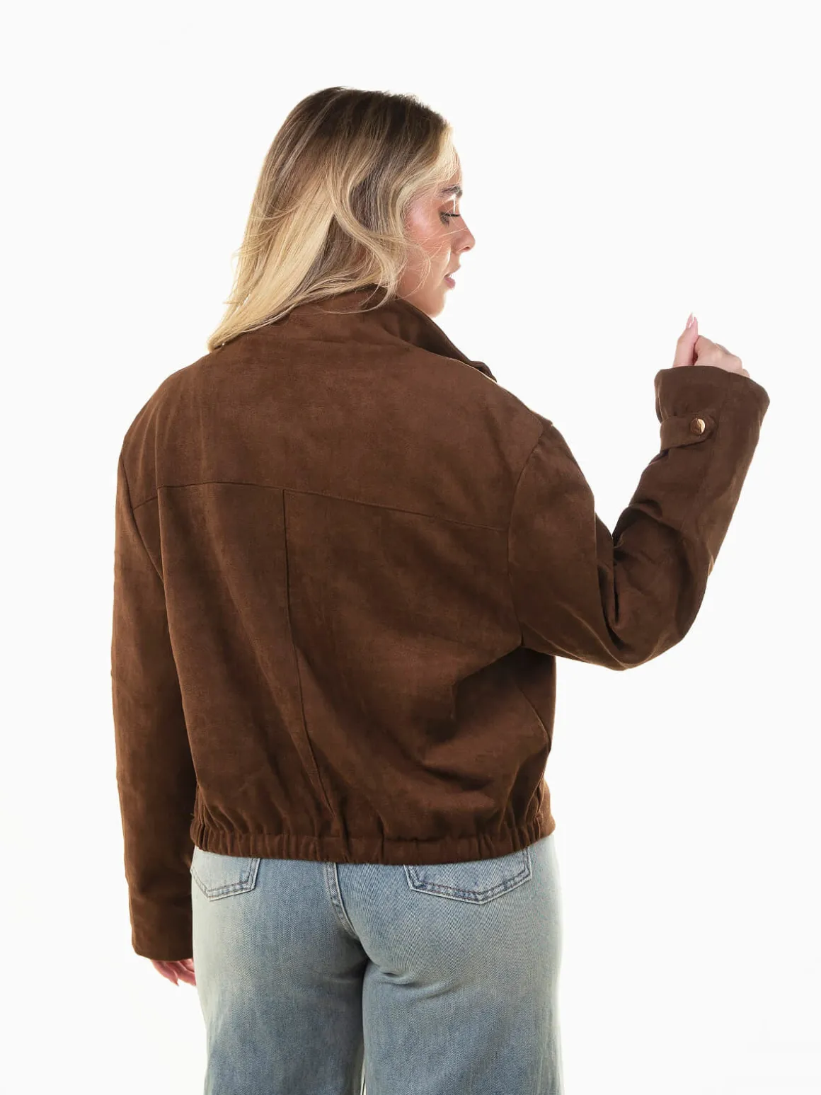 Casaco efeito camurça gola subida