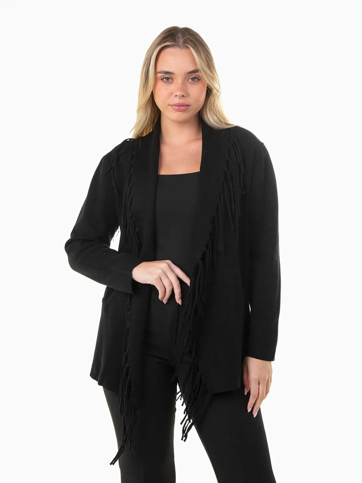 Casaco malha aberto com franjas
