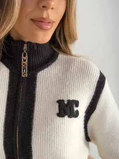 Casaco malha canelada pérola gola subida