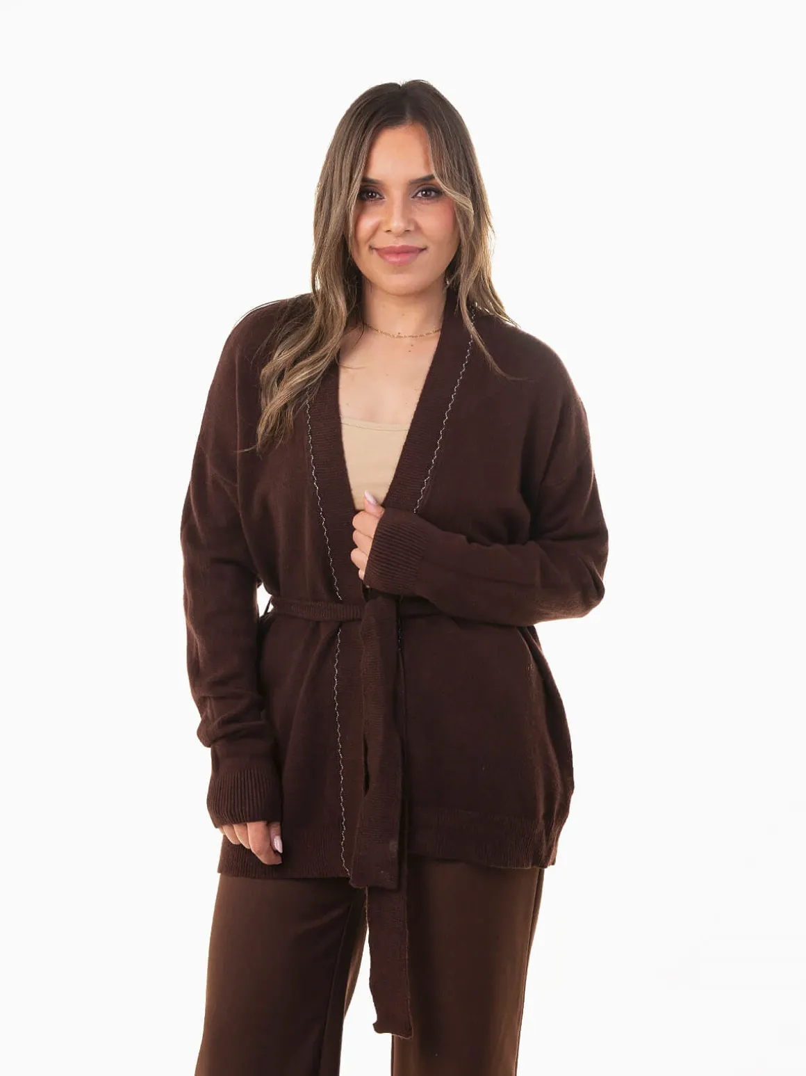 Casaco malha comprido com cinto